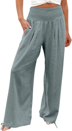 Women Cotton Linen Palazzo Pants Flowy Wide Leg Pants with Pockets Capris Pants Full Length Trousers Baggy Slacks
