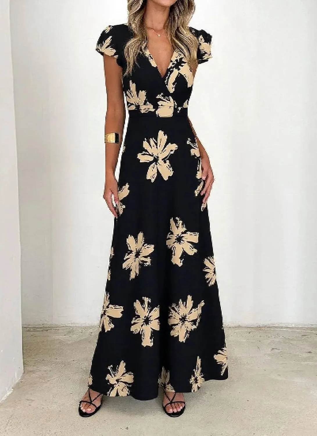 Women Dresses 2025 Summer Floral Cap Sleeve Maxi Dress Casual V Neck Flowy Vacation Beach Long Dress