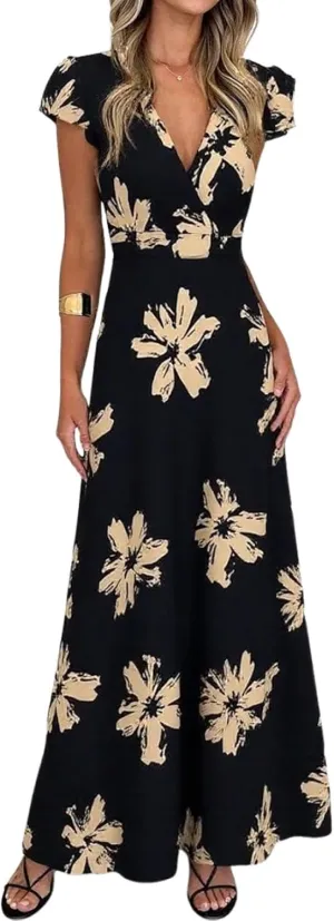 Women Dresses 2025 Summer Floral Cap Sleeve Maxi Dress Casual V Neck Flowy Vacation Beach Long Dress