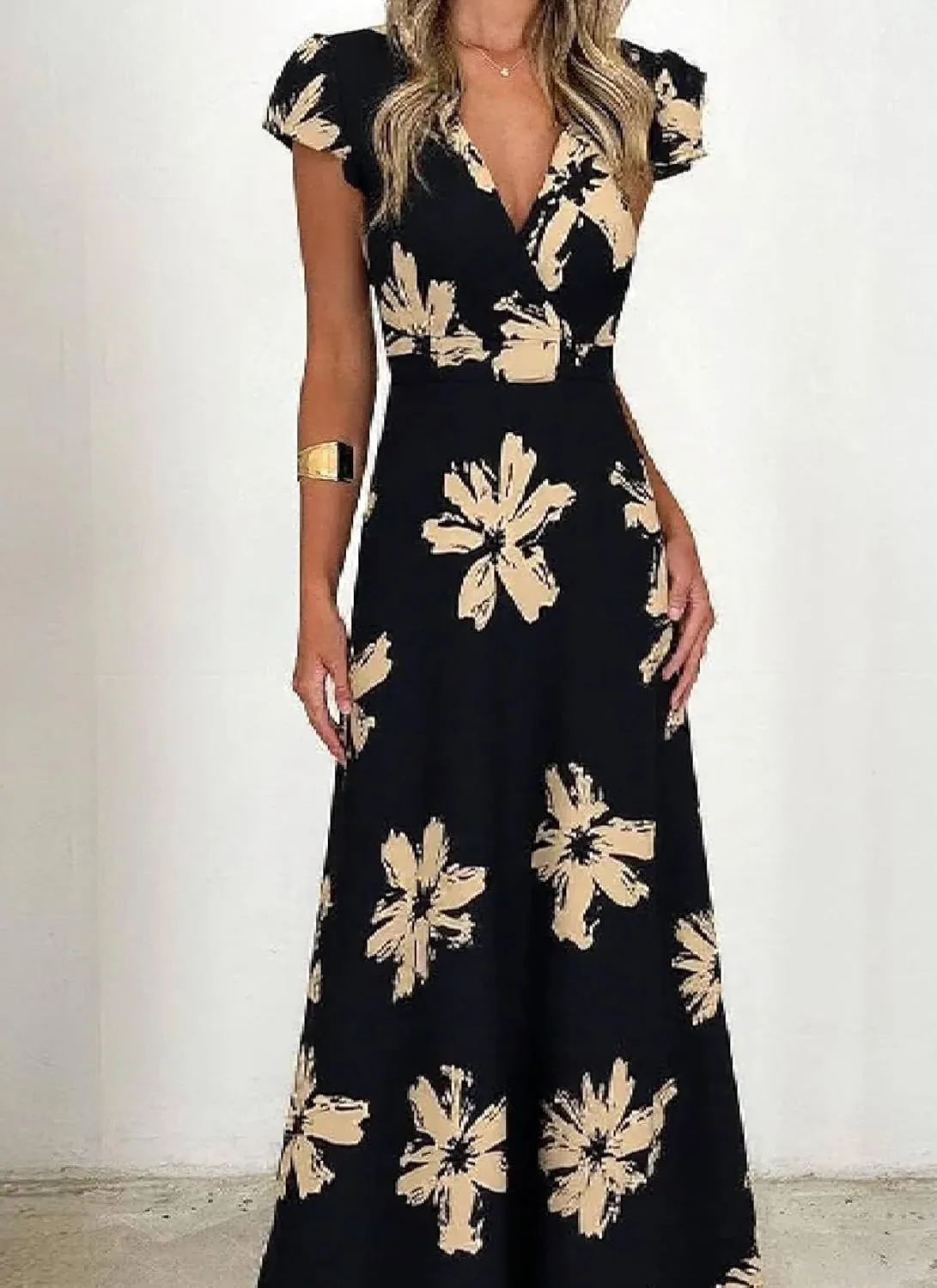 Women Dresses 2025 Summer Floral Cap Sleeve Maxi Dress Casual V Neck Flowy Vacation Beach Long Dress