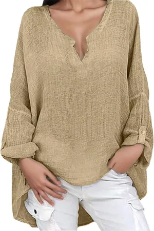 Women Linen Shirts Summer Linen Bohemian Short Sleeve Tunic Top Casual Loose Dressy V-Neck Tee Tops