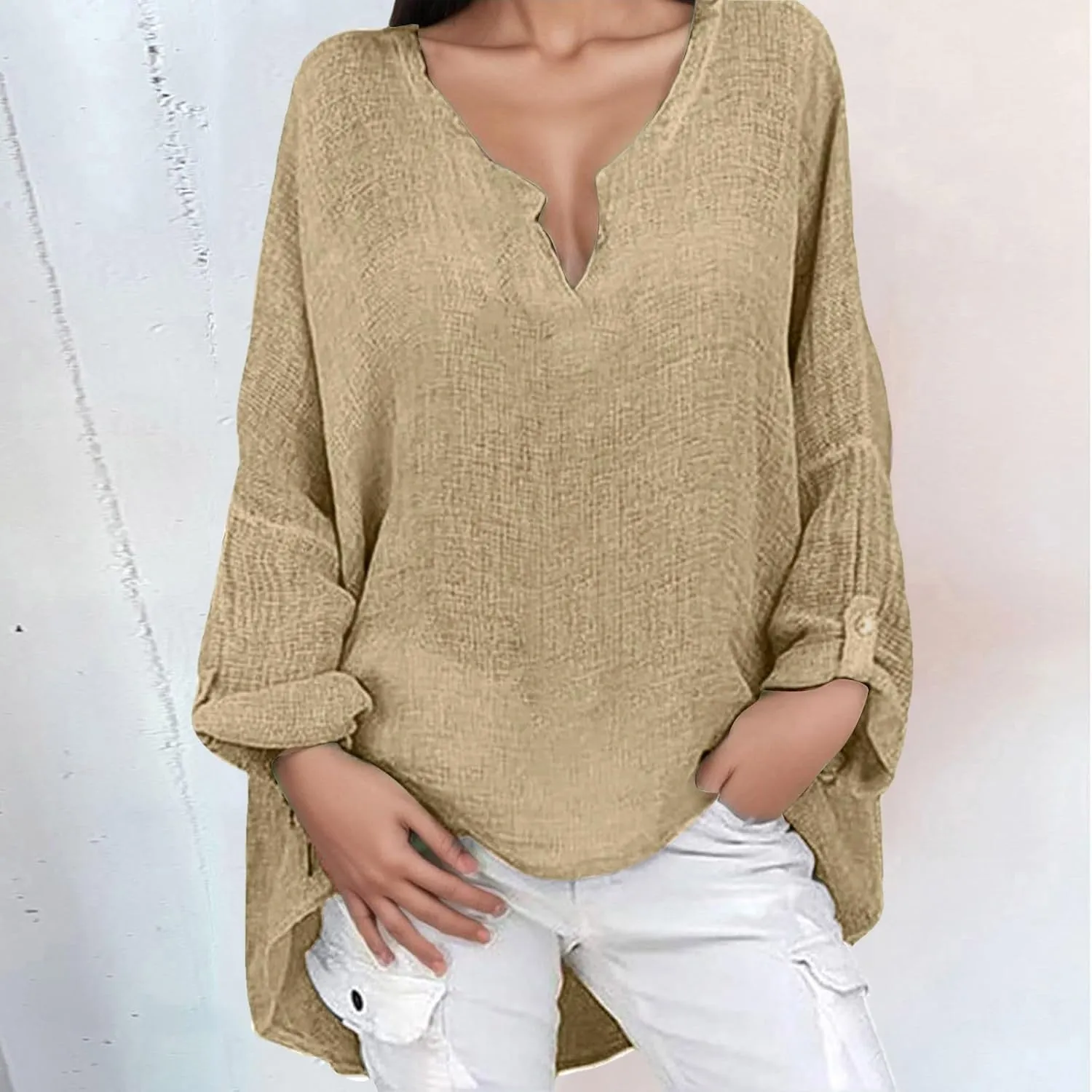 Women Linen Shirts Summer Linen Bohemian Short Sleeve Tunic Top Casual Loose Dressy V-Neck Tee Tops