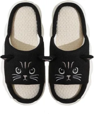 Women Men Black Cat Animal Linen Slippers Cartoon Home Sandals Cute and Comfortable Hick Sole Soft Indoor Outdoor Non-slip Shoes