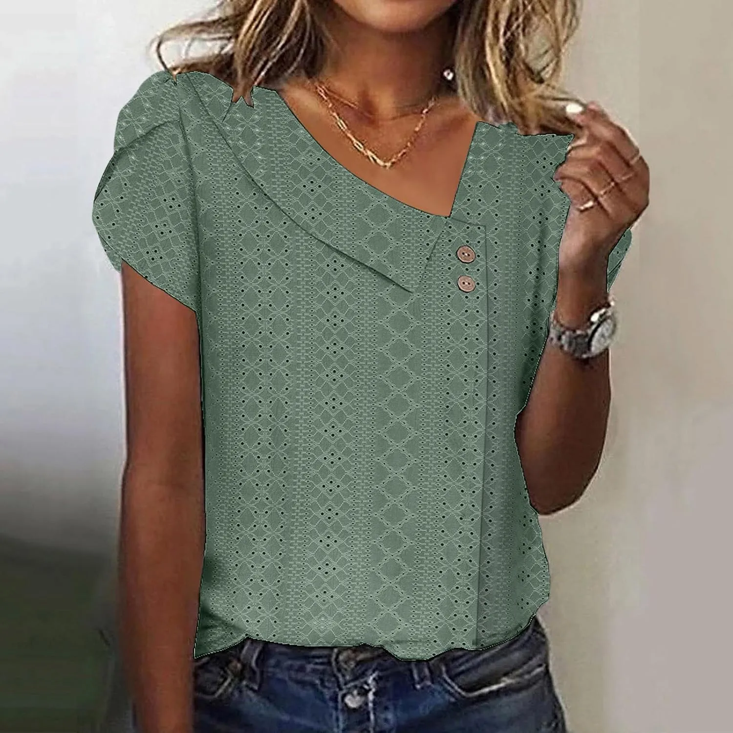 Women Petal Short Sleeve V Neck T Shirts Loose Summer Casual Solid Tops T-Shirt Tunics Eyelet Fashion Design Blouse