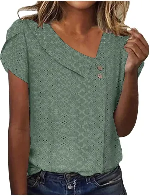 Women Petal Short Sleeve V Neck T Shirts Loose Summer Casual Solid Tops T-Shirt Tunics Eyelet Fashion Design Blouse