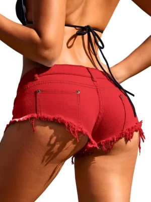 Women Sexy Cowgirl Booty Jean Shorts, Low Rise Mini Ripped Cheeky Jeans, Denim Hot Pants Beach Outfits Rave Festival
