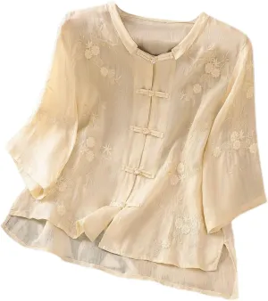 Women Short Sleeve Cotton Linen Shirts Casual Crew Neck Basic T-Shirt Floral Boho Loose Summer Tshirt