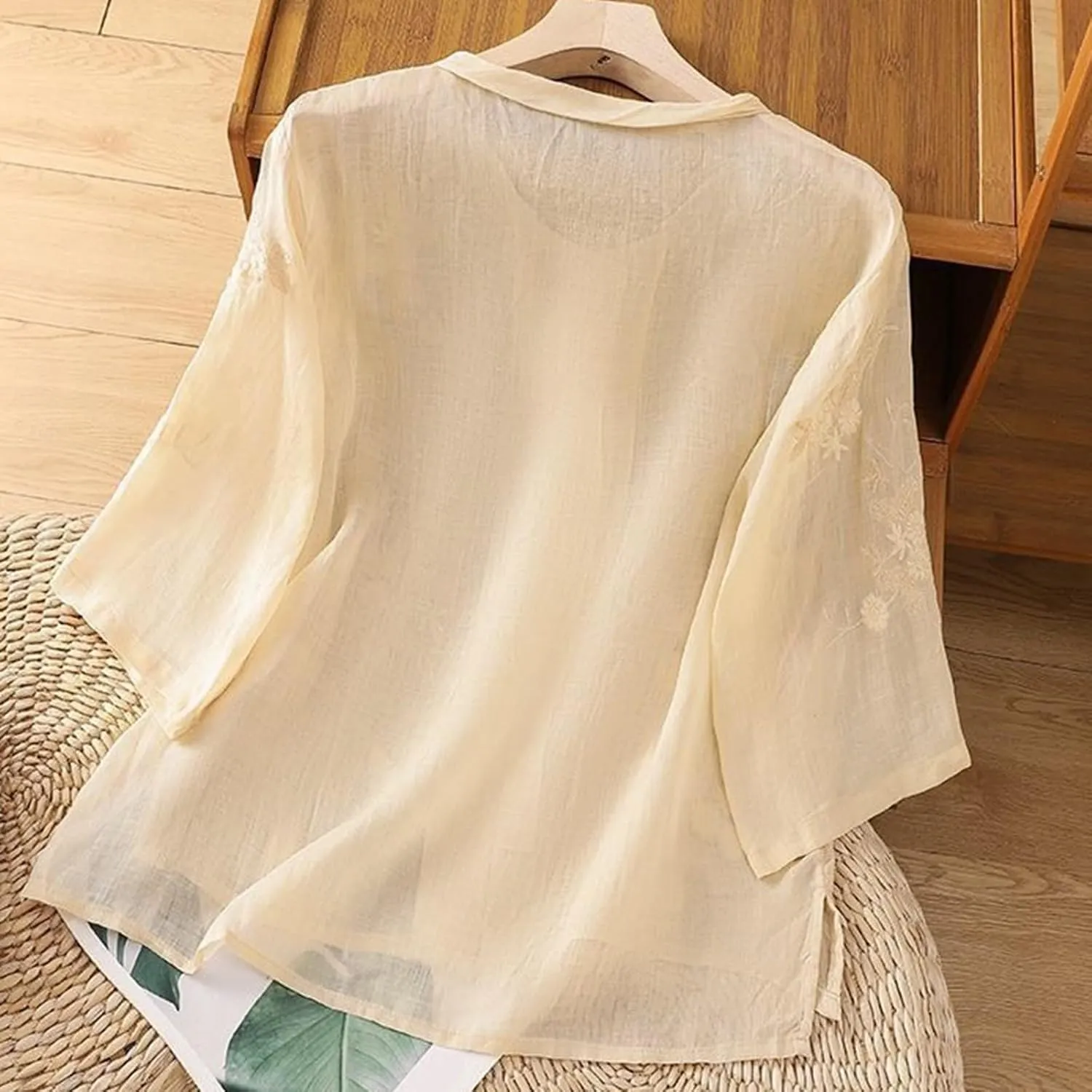 Women Short Sleeve Cotton Linen Shirts Casual Crew Neck Basic T-Shirt Floral Boho Loose Summer Tshirt