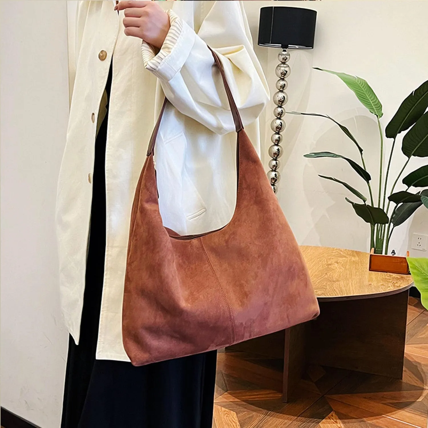 Women Suede Hobo Bags - Vintage Leather Slouchy Shoulder Tote Handbag