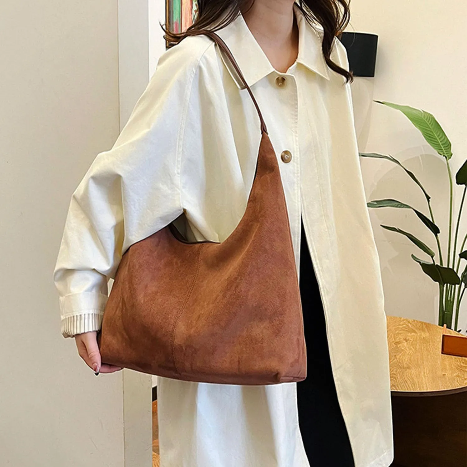 Women Suede Hobo Bags - Vintage Leather Slouchy Shoulder Tote Handbag
