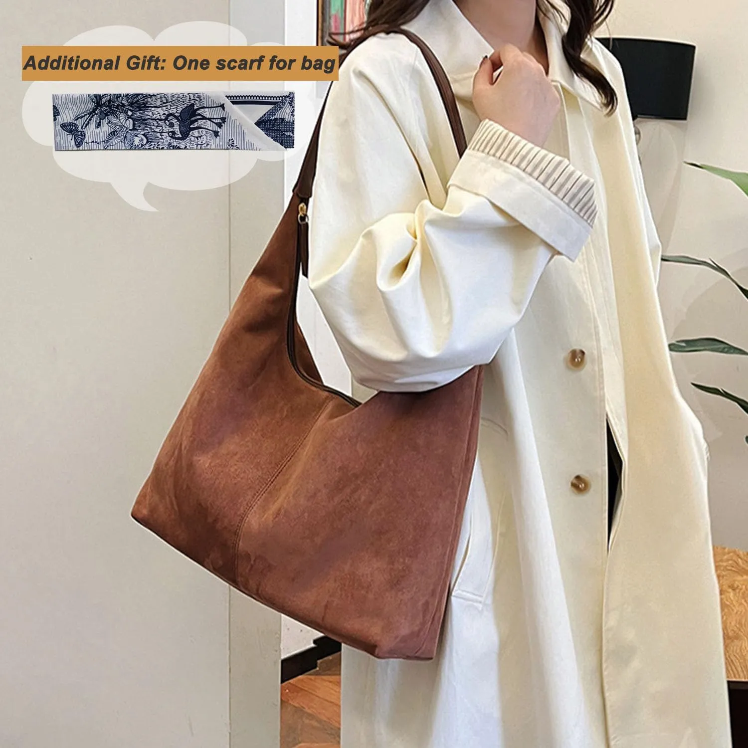 Women Suede Hobo Bags - Vintage Leather Slouchy Shoulder Tote Handbag