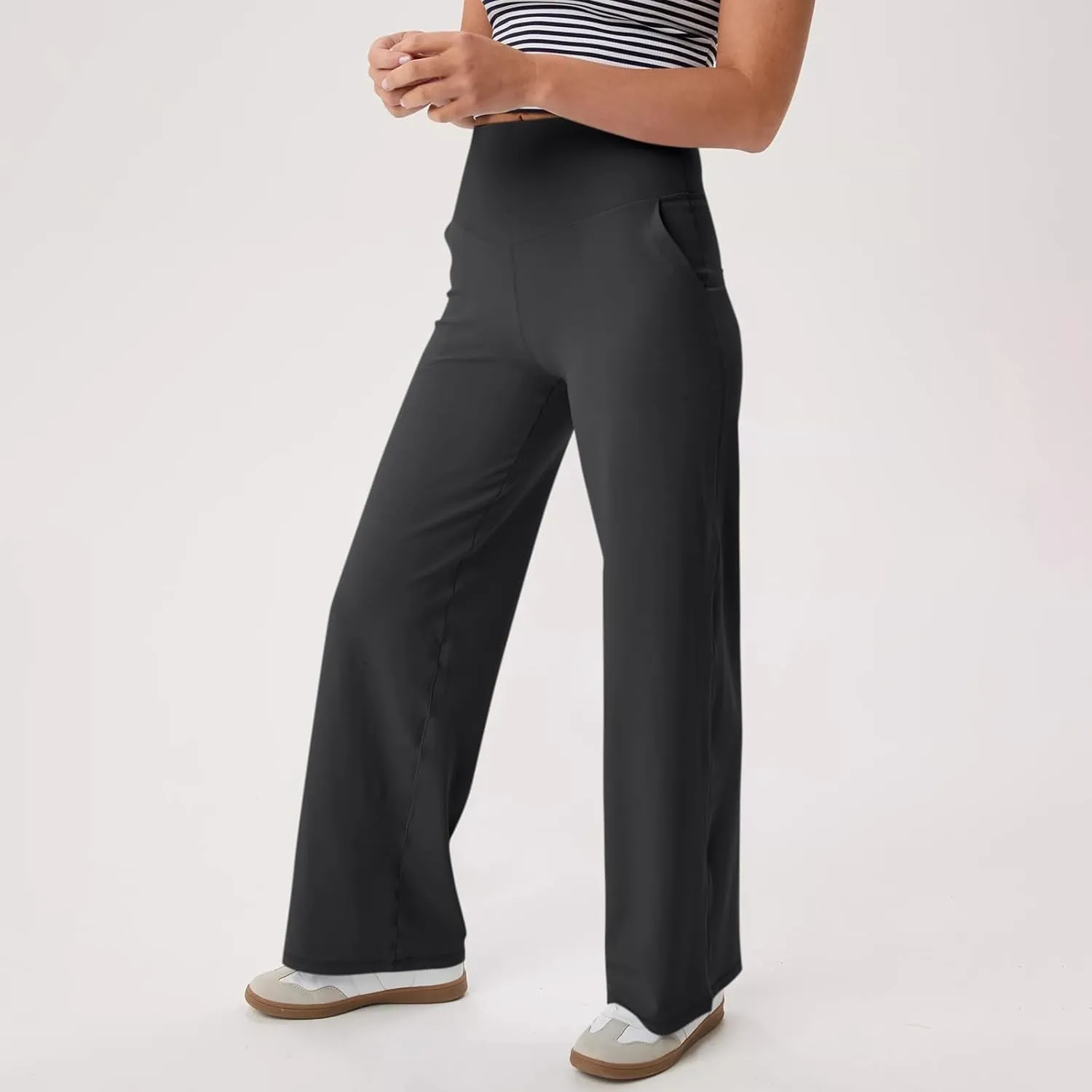 Women Wide Leg Yoga Pants with Pocket High Waist Straight Leg Dress Pants Tummy Control Leggings Flare Athletic Pant