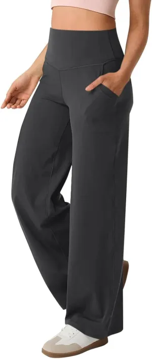 Women Wide Leg Yoga Pants with Pocket High Waist Straight Leg Dress Pants Tummy Control Leggings Flare Athletic Pant