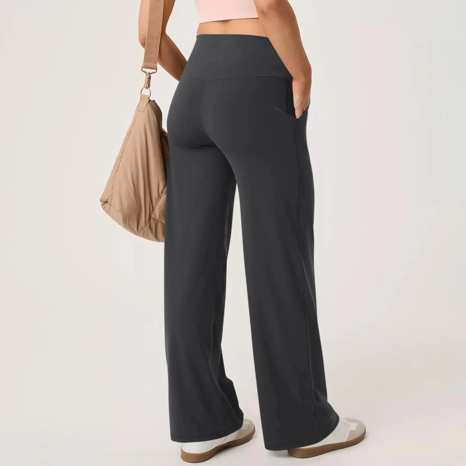 Women Wide Leg Yoga Pants with Pocket High Waist Straight Leg Dress Pants Tummy Control Leggings Flare Athletic Pant