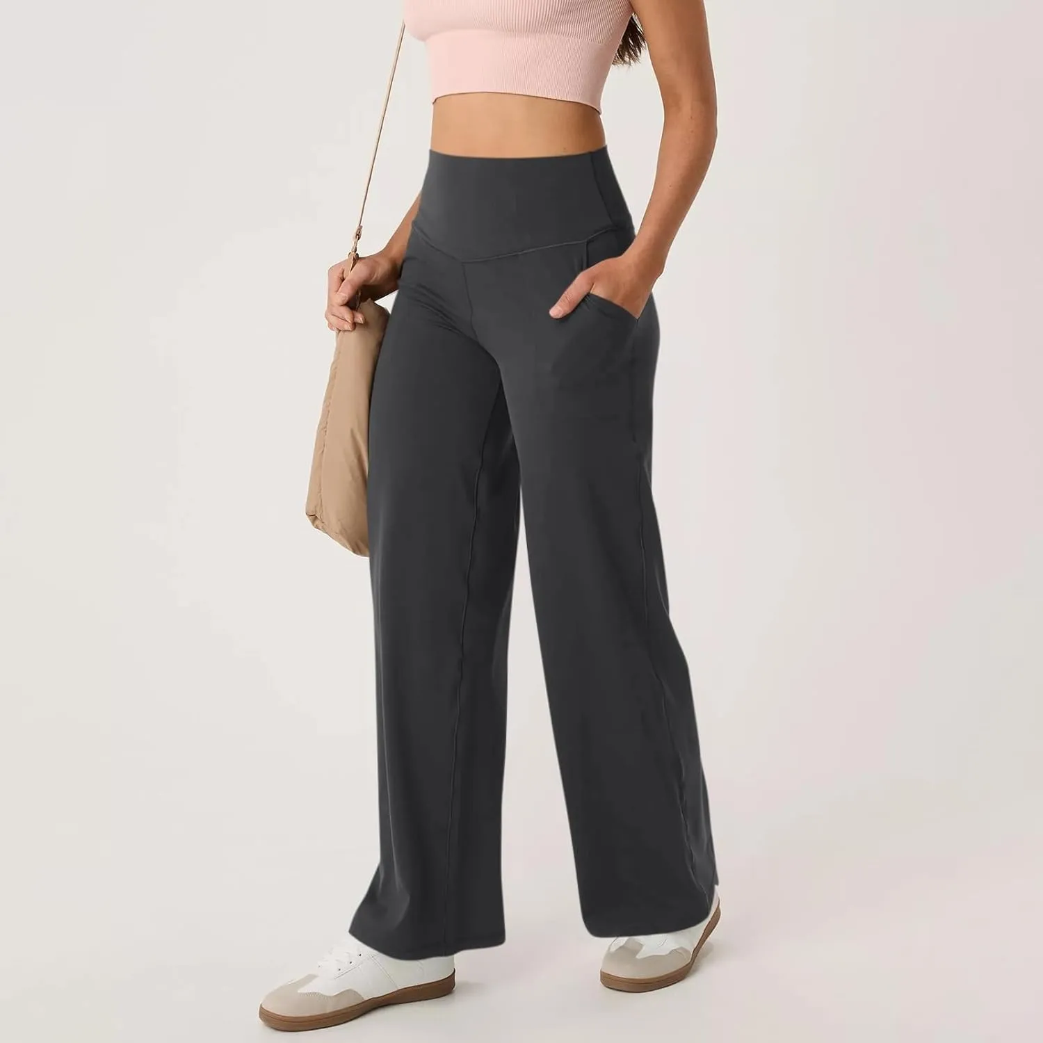 Women Wide Leg Yoga Pants with Pocket High Waist Straight Leg Dress Pants Tummy Control Leggings Flare Athletic Pant