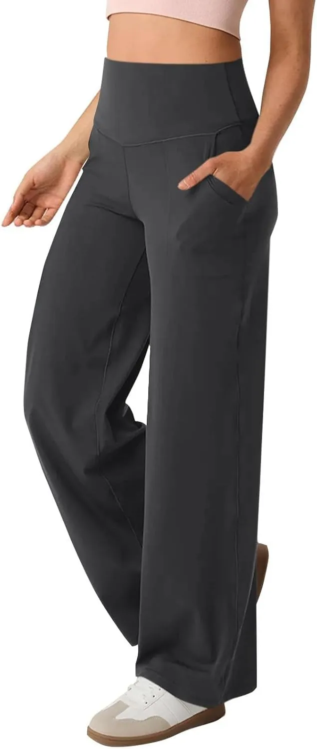 Women Wide Leg Yoga Pants with Pocket High Waist Straight Leg Dress Pants Tummy Control Leggings Flare Athletic Pant
