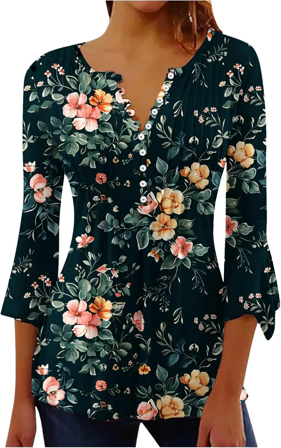 Womens 2024 3/4 Sleeve Summer Spirng Tops Fashion Floral Printed Casual Shirts Button V-Neck T-Shirt Tunics Blouse