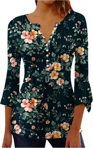 Womens 2024 3/4 Sleeve Summer Spirng Tops Fashion Floral Printed Casual Shirts Button V-Neck T-Shirt Tunics Blouse