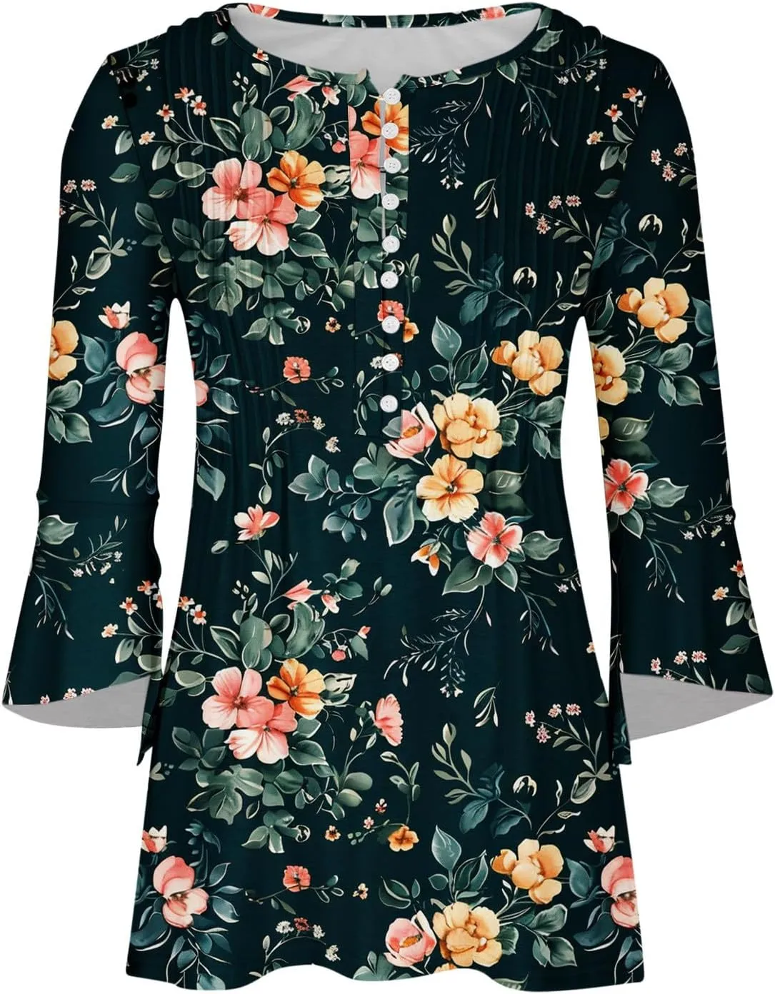 Womens 2024 3/4 Sleeve Summer Spirng Tops Fashion Floral Printed Casual Shirts Button V-Neck T-Shirt Tunics Blouse