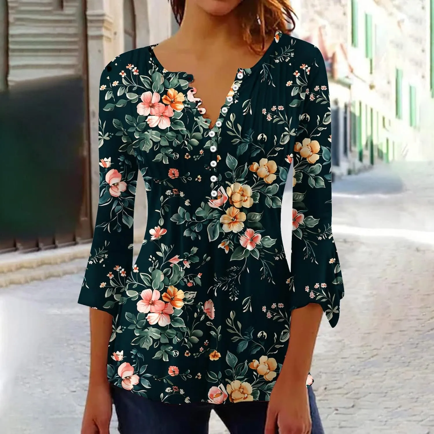Womens 2024 3/4 Sleeve Summer Spirng Tops Fashion Floral Printed Casual Shirts Button V-Neck T-Shirt Tunics Blouse