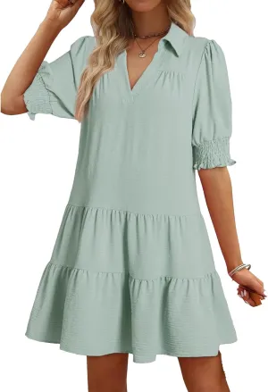 Womens 2025 Summer Lapel Collared V Neck Mid Sleeve Pleated Midi Cap Ruffle Hem Smock Short Casual Dress
