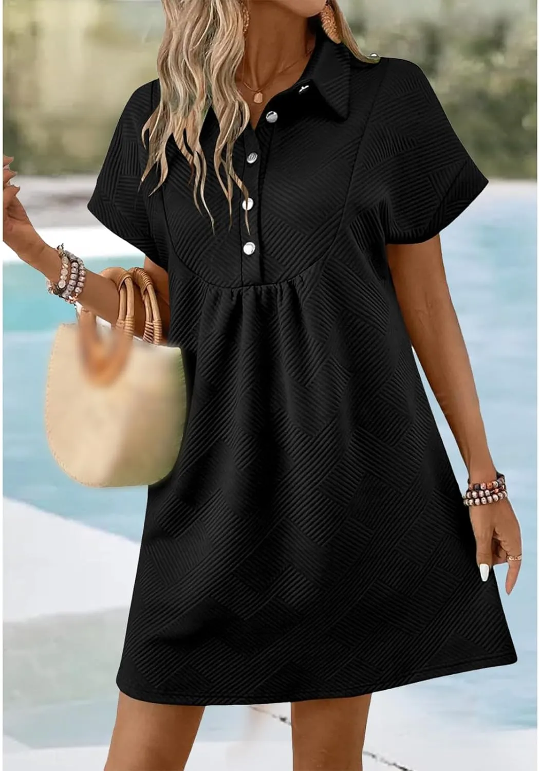 Women's 2025 Summer Mini Dresses, Lapel Collared or Round Neck, Cap Sleeve, for Beach, with Pockets