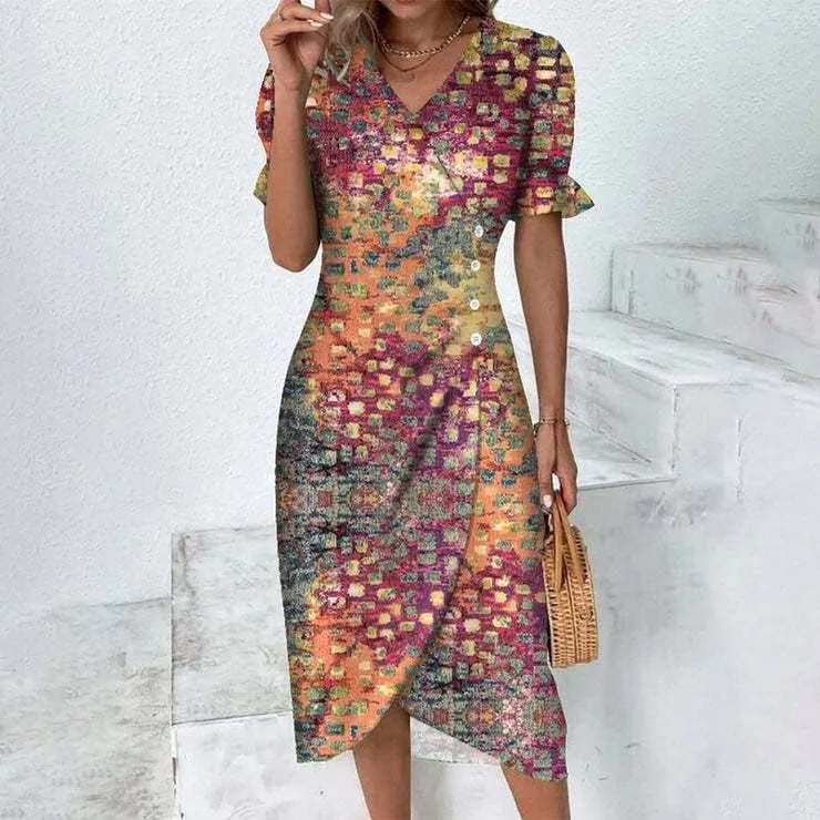 Womens Boho Floral Dresses V Neck Puff Short Sleeve Colorful Graphic Print Asymmetric Midi Dress Summer 2025