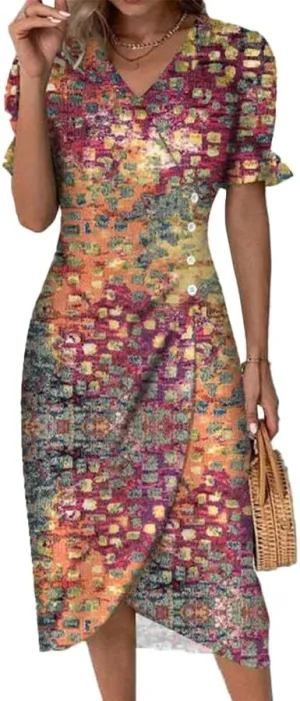 Womens Boho Floral Dresses V Neck Puff Short Sleeve Colorful Graphic Print Asymmetric Midi Dress Summer 2025