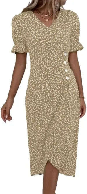 Womens Boho Floral Dresses V Neck Puff Short Sleeve Colorful Graphic Print Asymmetric Midi Dress Summer 2025