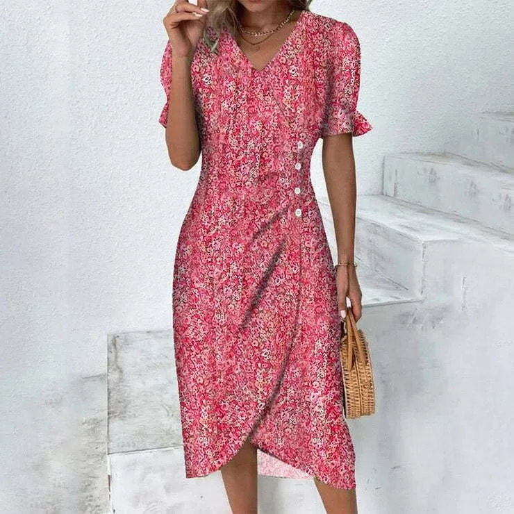 Womens Boho Floral Dresses V Neck Puff Short Sleeve Colorful Graphic Print Asymmetric Midi Dress Summer 2025