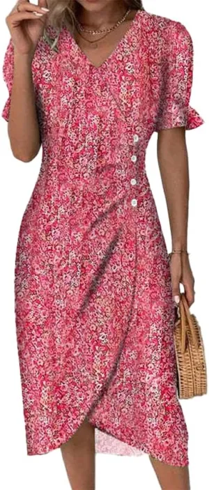 Womens Boho Floral Dresses V Neck Puff Short Sleeve Colorful Graphic Print Asymmetric Midi Dress Summer 2025