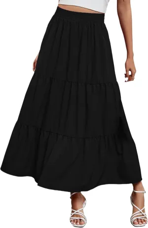 Womens Boho Maxi Skirts Summer Casual Elastic High Waisted Ruffle Hem Skirt Flowy Solid Color A Line Beach Skirts