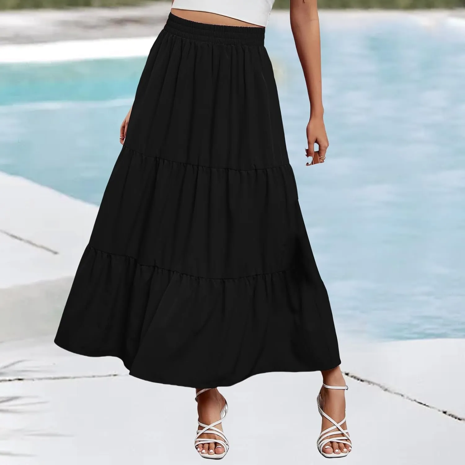 Womens Boho Maxi Skirts Summer Casual Elastic High Waisted Ruffle Hem Skirt Flowy Solid Color A Line Beach Skirts