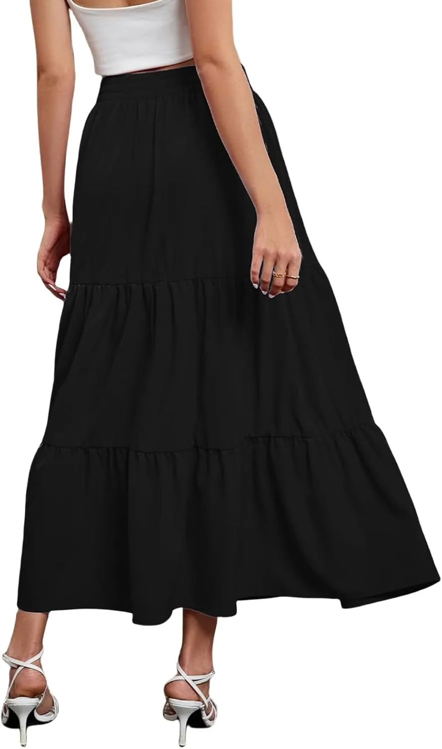 Womens Boho Maxi Skirts Summer Casual Elastic High Waisted Ruffle Hem Skirt Flowy Solid Color A Line Beach Skirts