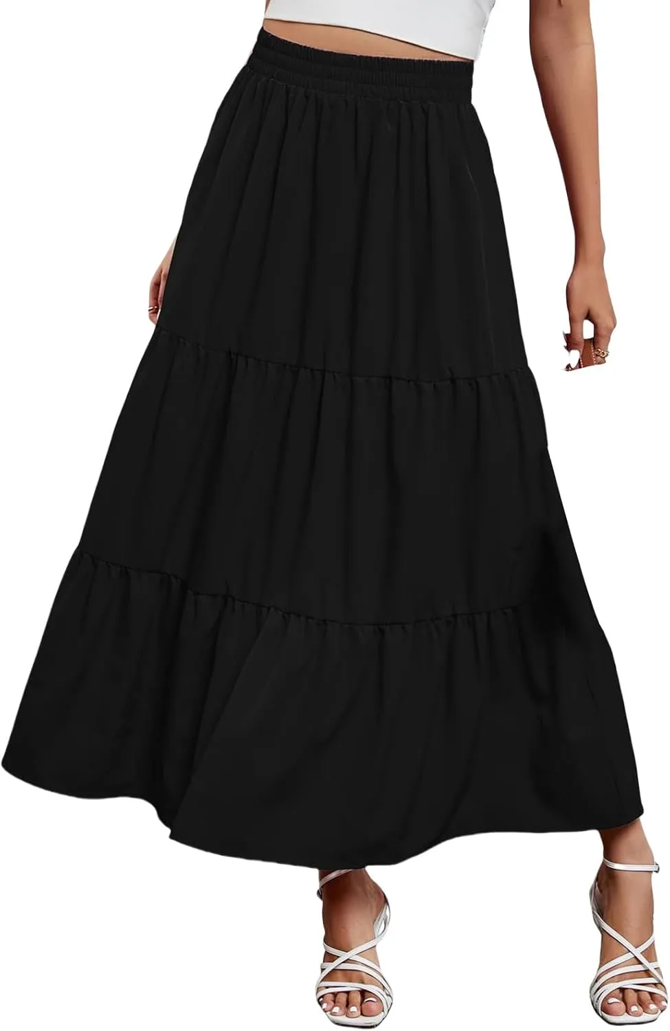Womens Boho Maxi Skirts Summer Casual Elastic High Waisted Ruffle Hem Skirt Flowy Solid Color A Line Beach Skirts