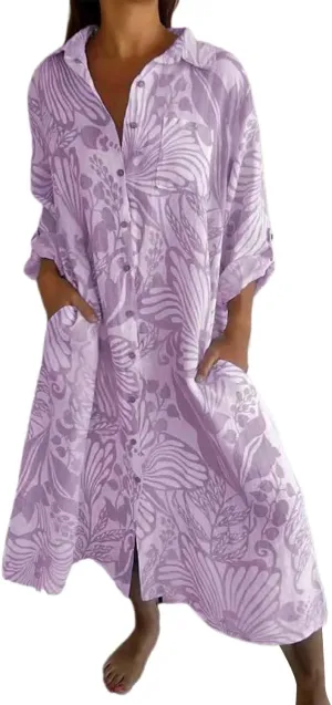 Womens Boho Shirt Dress Casual Summer Spring Floral Print Button Down Roll Up Sleeve Maxi Dress Beach Coverup Tunic