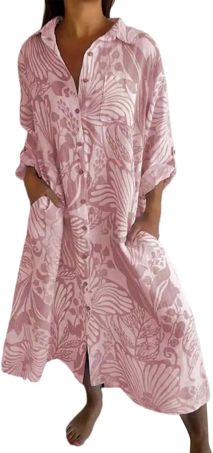 Womens Boho Shirt Dress Casual Summer Spring Floral Print Button Down Roll Up Sleeve Maxi Dress Beach Coverup Tunic