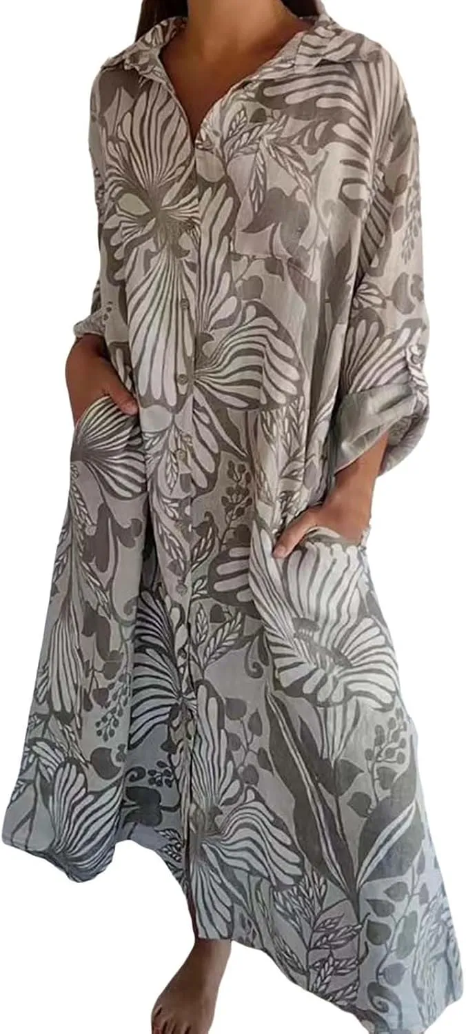 Womens Boho Shirt Dress Casual Summer Spring Floral Print Button Down Roll Up Sleeve Maxi Dress Beach Coverup Tunic
