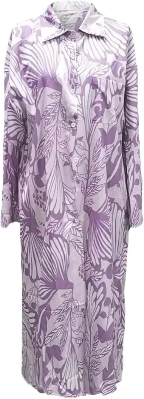 Womens Boho Shirt Dress Casual Summer Spring Floral Print Button Down Roll Up Sleeve Maxi Dress Beach Coverup Tunic