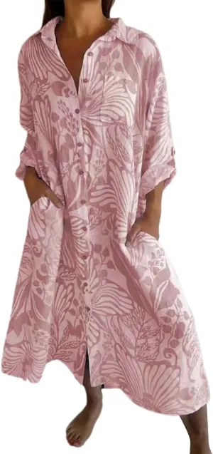 Womens Boho Shirt Dress Casual Summer Spring Floral Print Button Down Roll Up Sleeve Maxi Dress Beach Coverup Tunic