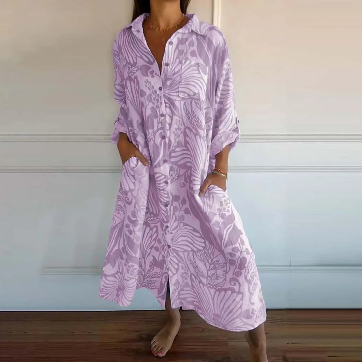 Womens Boho Shirt Dress Casual Summer Spring Floral Print Button Down Roll Up Sleeve Maxi Dress Beach Coverup Tunic