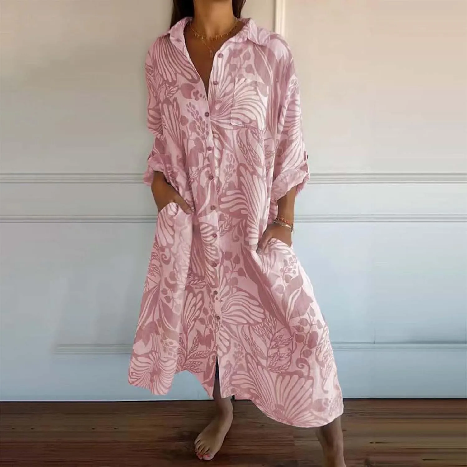 Womens Boho Shirt Dress Casual Summer Spring Floral Print Button Down Roll Up Sleeve Maxi Dress Beach Coverup Tunic