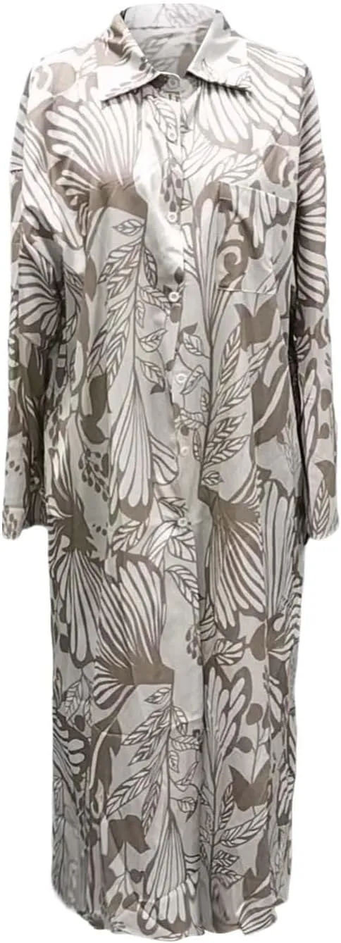 Womens Boho Shirt Dress Casual Summer Spring Floral Print Button Down Roll Up Sleeve Maxi Dress Beach Coverup Tunic