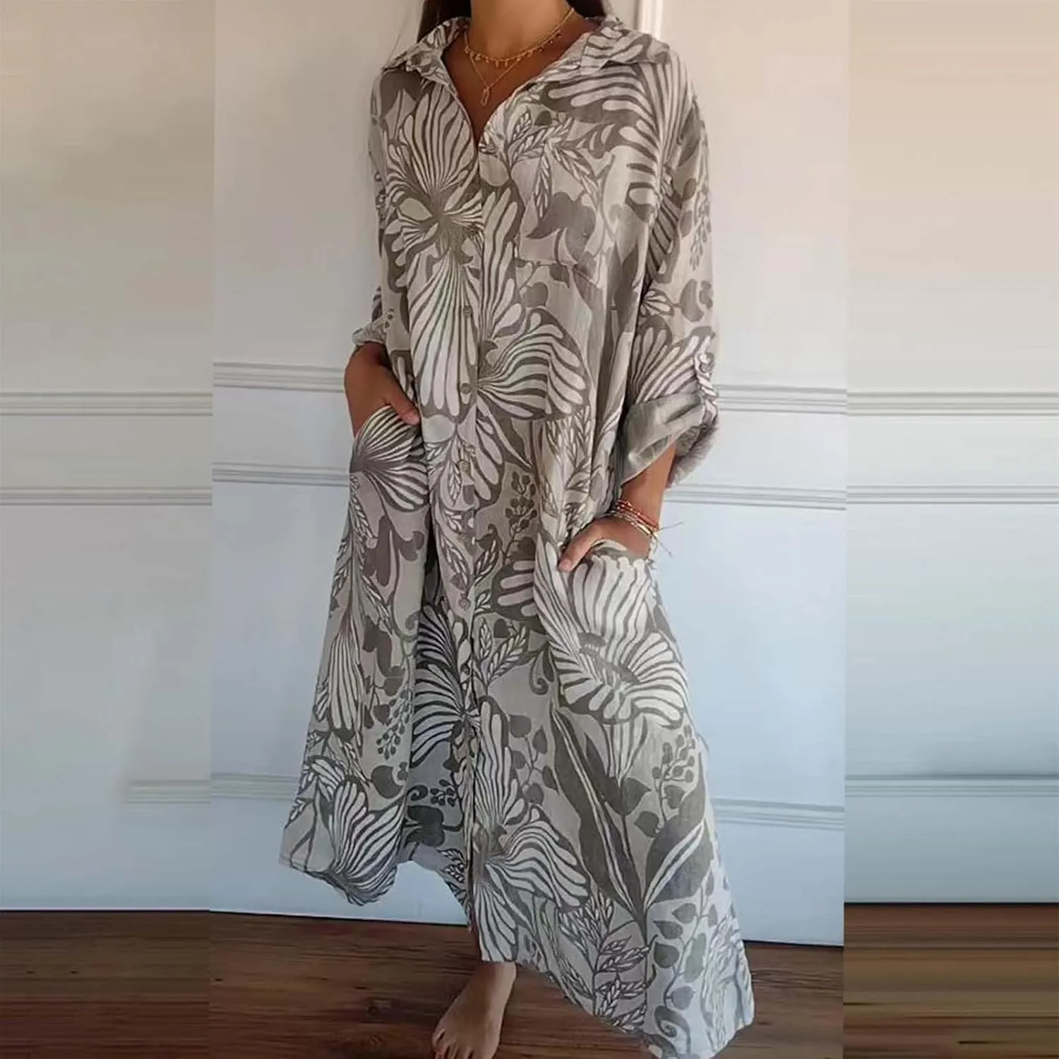 Womens Boho Shirt Dress Casual Summer Spring Floral Print Button Down Roll Up Sleeve Maxi Dress Beach Coverup Tunic