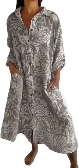 Womens Boho Shirt Dress Casual Summer Spring Floral Print Button Down Roll Up Sleeve Maxi Dress Beach Coverup Tunic