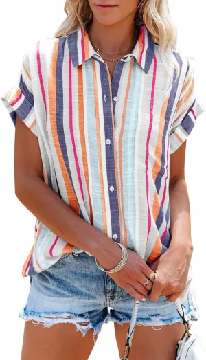 Womens Button Down Shirts Short Sleeve Summer Linen V Neck Collared Stripes Casual Blouses Tops with Pocket