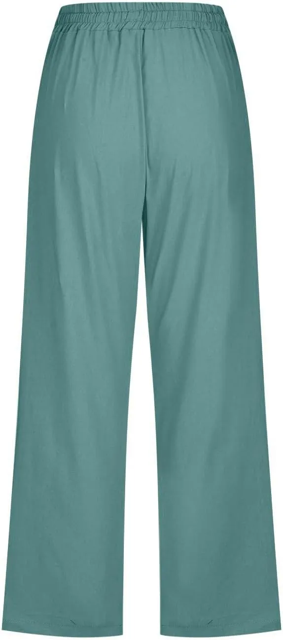 Womens Capri Pants Wide Leg Linen Pants for Women with Pockets Adjustable Shockcord High Waist Casual Lounge