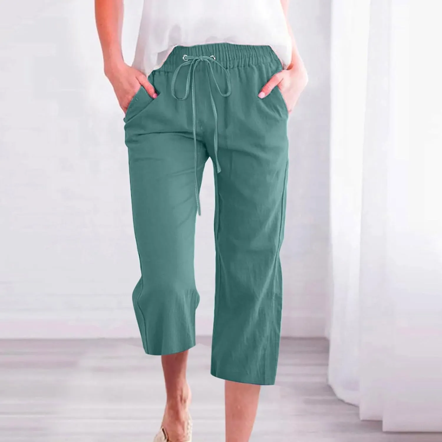 Womens Capri Pants Wide Leg Linen Pants for Women with Pockets Adjustable Shockcord High Waist Casual Lounge