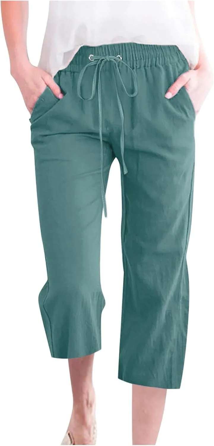 Womens Capri Pants Wide Leg Linen Pants for Women with Pockets Adjustable Shockcord High Waist Casual Lounge