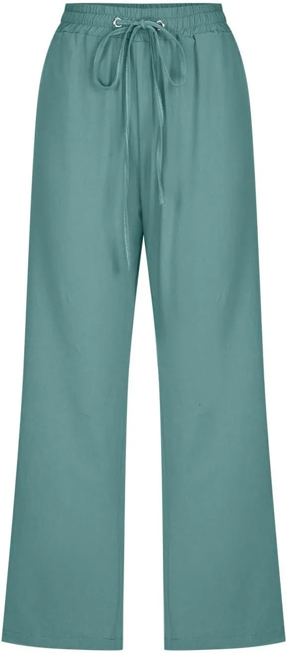 Womens Capri Pants Wide Leg Linen Pants for Women with Pockets Adjustable Shockcord High Waist Casual Lounge